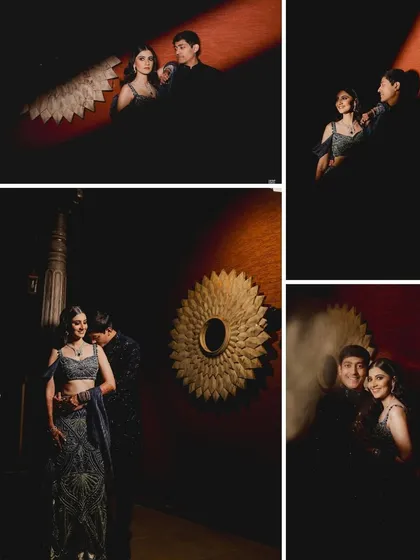A collage of a couple's cocktail party portraits, using creative lighting to highlight their glamorous outfits and romantic connection.