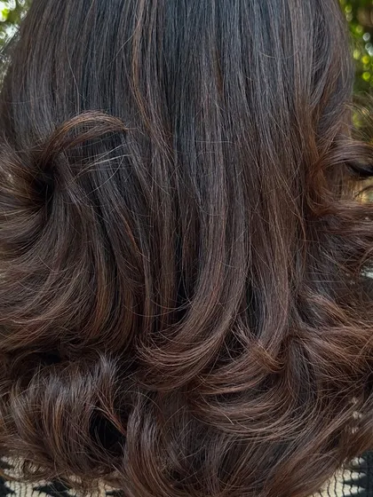 Holiday ready in 'Chocolate Truffle'. This set shows the transformation from grown-out color to a rich, dark chocolate brown. I also included a shot showing how the color settles beautifully after 10 days.