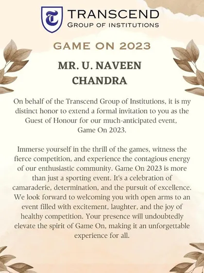 I was honored to be invited as the Guest of Honour for the "Game On 2023" event by the Transcend Group of Institutions. It is always a pleasure to support and encourage young athletes.