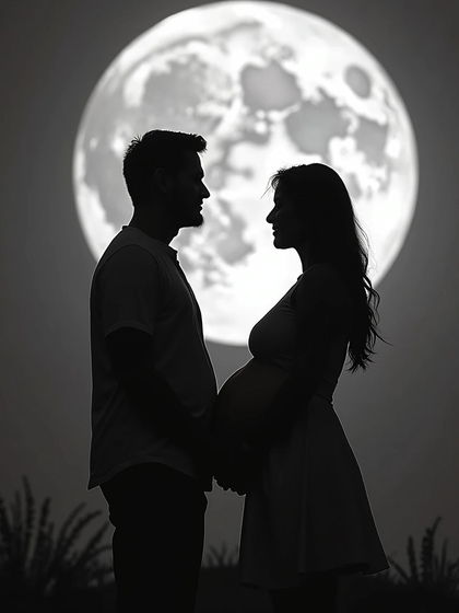 A simple and clean silhouette of a couple against the moon prop, highlighting their profiles and the baby bump.