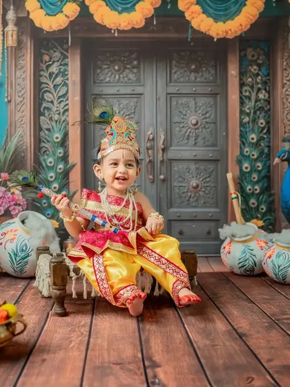 Celebrating Janmashtami with a 'Little Krishna' theme is one of my specialties. I provide detailed costumes and a vibrant, traditional set to capture the playful and divine spirit of Kanha in your little one.