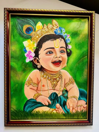 The pure, infectious joy of Bal Krishna is something I love to paint. This framed acrylic painting captures his divine laughter and playful spirit. It's a perfect piece to add vibrant, positive energy to a nursery, mandir, or any corner of your home.