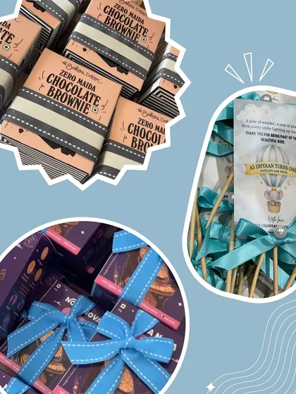 A sneak peek of the goodies for a baby boy's first birthday return favors. I used custom-designed tags and ribbons to match the hot air balloon theme.