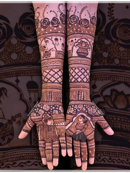 A stunning full bridal design with bride and groom portraits on the palms and detailed scenes from the wedding ceremony on the arms.