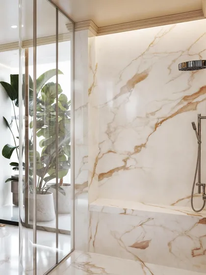 The shower area in this bathroom is clad in beautiful gold-veined marble, rendered to look both luxurious and serene.