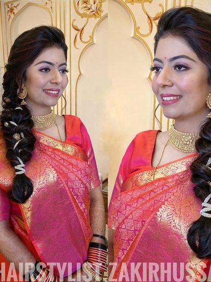 A dual-angle view of the side-swept bubble braid, showing the intricate details and accessories.