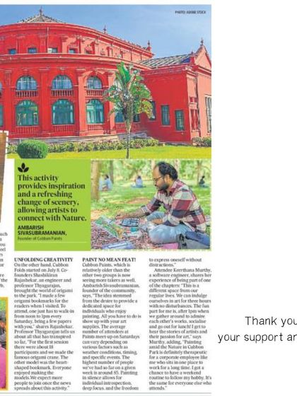 A clipping from the Hindustan Times article about creative communities in Cubbon Park. It highlights how this activity provides inspiration and a refreshing change of scenery for artists.