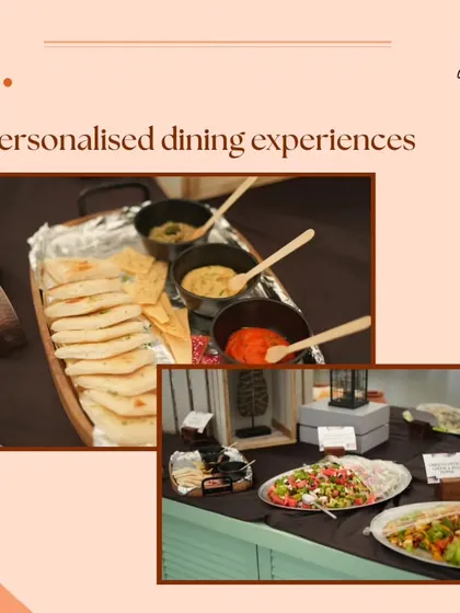This image collage showcases our personalized dining experiences, featuring a variety of dishes from salads to platters. We customize every menu to fit the theme and preferences of your event.