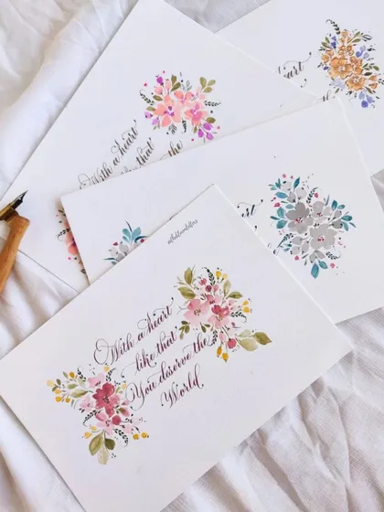 Letters in bloom. A collection of handwritten cards created as Guru Purnima thank you notes for my teachers, blending delicate florals with the elegance of Copperplate calligraphy.