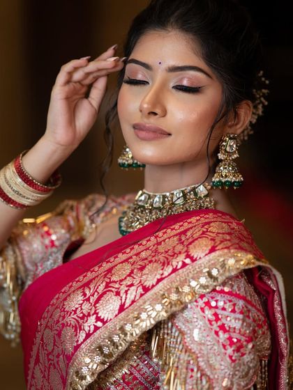 A final close-up of the soft, romantic eye makeup. The gentle shimmer and blended liner create a dreamy effect that is perfect for any traditional occasion.