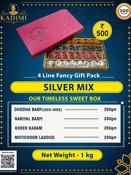 The Silver Mix is our timeless sweet box, perfect for any occasion. This 1kg pack includes Dhodha Barfi, Nariyal Barfi, Kheer Kadam, and Motichoor Laddoo, offering something for everyone.