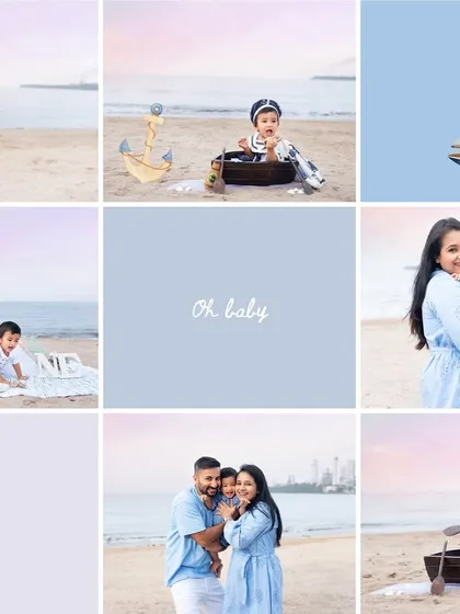 A collage from a sailor-themed beach photoshoot, showing the variety of shots we can get, from family portraits to themed baby photos in a little boat.