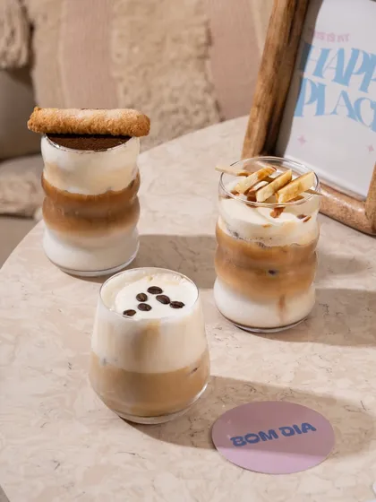A trio of delicious-looking iced coffees from Bom Dia. This shot showcases the variety on their coffee menu.