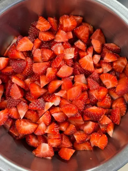 Nothing but fresh, chopped strawberries. I believe in using high-quality, seasonal ingredients, and these beautiful strawberries are the star of the show.