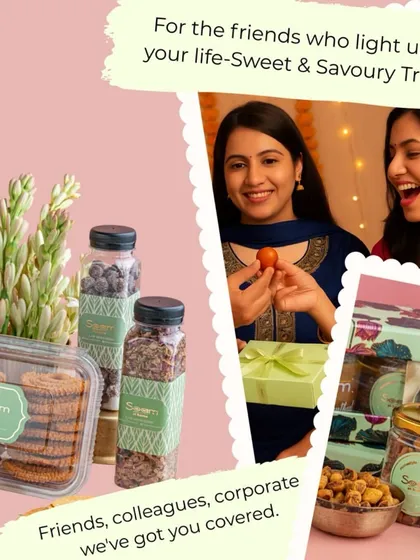 For the friends who light up your life, I've created sweet and savoury hampers. This collage shows the joy of sharing my treats, from crunchy cookies to wholesome mukhwas, with the people who matter most.