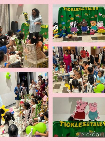 A collage from a fun-filled Peppa Pig theme party. The show, the character interactions, and the parachute games all added up to a day of non-stop fun.