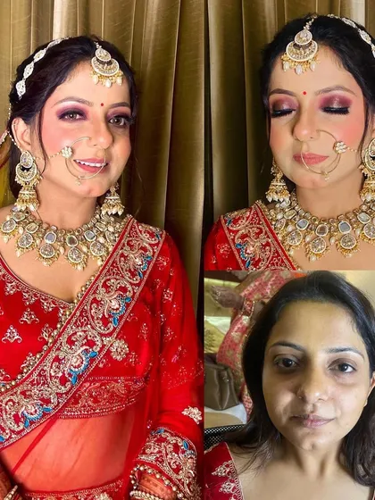 This is what it's all about: a stunning transformation. I focused on evening out the skin tone for a smooth canvas, accentuating the eyes with a dramatic smoky look, and adding a pop of color to the lips. The result is a complete bridal look that is both glamorous and elegant.