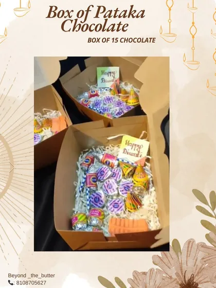 This is a preview of my Diwali menu, featuring a box of 15 assorted pataka chocolates. It's a unique and fun gift for the festival of lights.