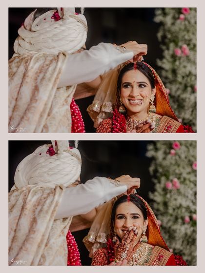 The bride's adorable, candid reactions as the groom performs a ritual during the Pheras. It's these tiny expressions I look for.