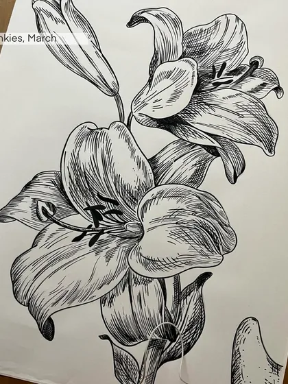 An ink-style drawing of lilies, a piece from my 'Inkies' collection. This work focuses on the expressive power of line and shadow to capture the form of the flowers.