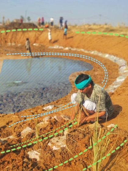 A key part of my sustainable landscape design is water conservation. Here, we are creating swales and ponds on a site near Jaipur to catch monsoon water and recharge the groundwater.