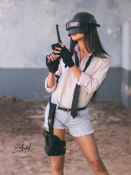 The unedited base image for the 'Winner Winner Chicken Dinner' portrait. This shows the model fully geared up on location, providing the perfect canvas for adding smoke and other atmospheric effects later.