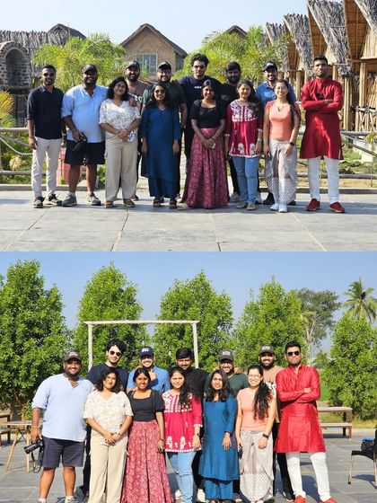 Our group posing at the scenic resort in Hampi and another spot, showcasing the comfortable stays we arrange.
