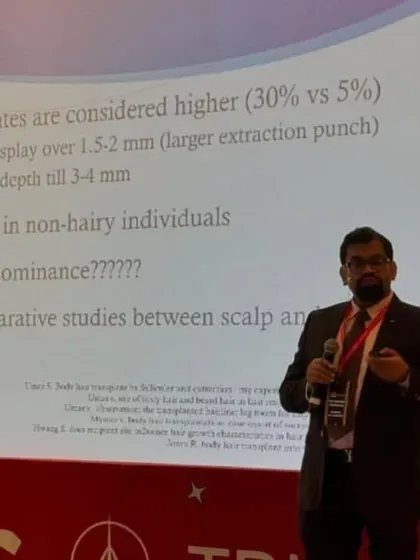 On stage at the LAHRC Mexico 2024, discussing the limitations and considerations of body hair transplantation.