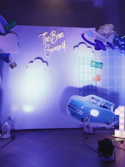Another angle of the Boss Baby setup, showing the photo booth area. I use lighting to create a specific mood, and the cool blue tones here worked perfectly for the theme.