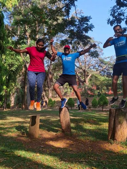 More fun and games in the park. Balancing on tree stumps after a run because, why not? It's these spontaneous moments of fun that make our group feel like a family.