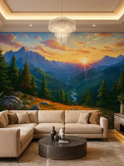 A beautiful sunset over a mountain valley, captured in this vibrant wallpaper mural. The design brings warmth and a stunning natural view indoors.