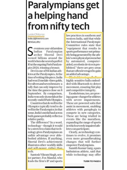 Our Senior Partner, Santosh Vikram Singh, provided his expert views to LiveMint on the regulations surrounding assistive technology in the Paralympics and its impact on fair play.
