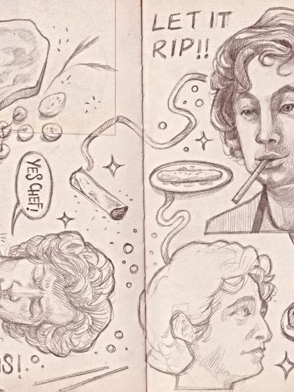 A sketchbook spread dedicated to the show 'The Bear'. I was so inspired by the characters and the show's intensity that I had to capture it in graphite.