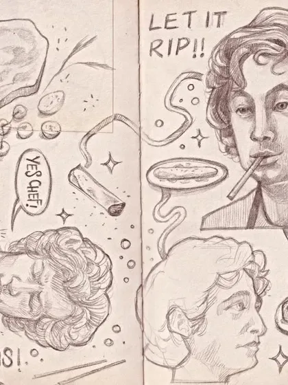A sketchbook spread dedicated to the show 'The Bear'. I was so inspired by the characters and the show's intensity that I had to capture it in graphite.
