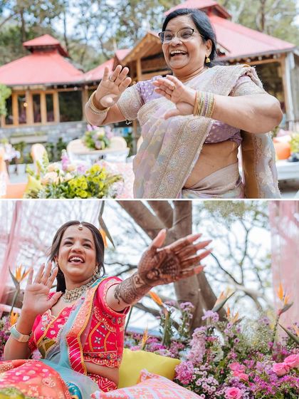A collage capturing the pure joy of the bride and her mother dancing and laughing at the Mehendi.