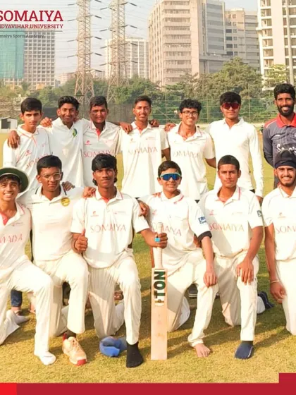 The full K J Somaiya College of Science and Commerce team celebrates their commanding 404-run victory in the MCA Inter Junior-Collegiate Cricket Tournament.