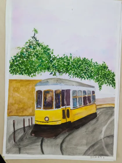 A lovely watercolor painting of a yellow tram. This piece, created by Bharti, captures the charm of a city scene with loose and expressive brushwork.