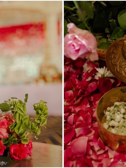 A collage of small but beautiful decor details, like floral centerpieces and traditional brass boxes.