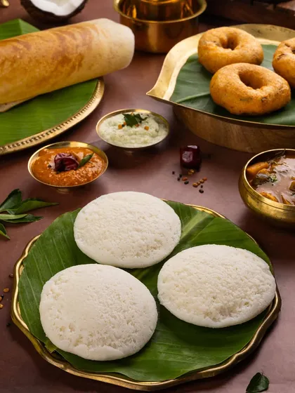 A classic South Indian breakfast platter with idli, vada, and dosa. The arrangement on banana leaves against a dark background makes the white idlis and golden-brown vada pop.