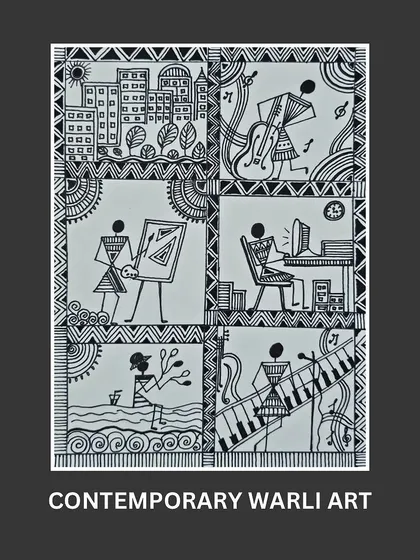 How do you make folk art relatable? Here, students used the traditional Warli style to depict modern activities like playing music and working on a computer.