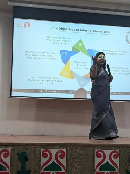 Explaining the core objectives of the Internal Committee during my POSH workshop. My presentations use clear visuals and simple language to break down the legal requirements into actionable steps for the audience.