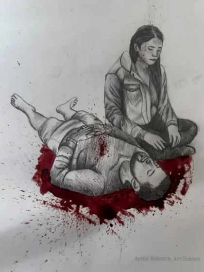 Art must sometimes reflect our reality, even the painful parts. This piece is my tribute to the victims of the Pahalgam attack. I used pencil and charcoal for the figures and stark red ink to convey the tragic loss, creating a powerful conceptual artwork that tells a somber story.