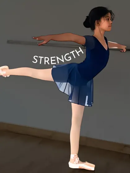 Strength. A ballerina holds a graceful arabesque at the barre. This pose requires immense core and leg strength, which we build through targeted exercises.