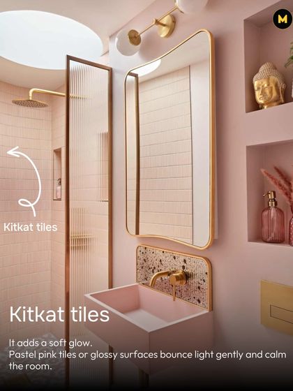 Pastel pink Kit-Kat tiles add a soft glow to this bathroom. The glossy surfaces bounce light gently, calming the room and creating a serene, spa-like feel.
