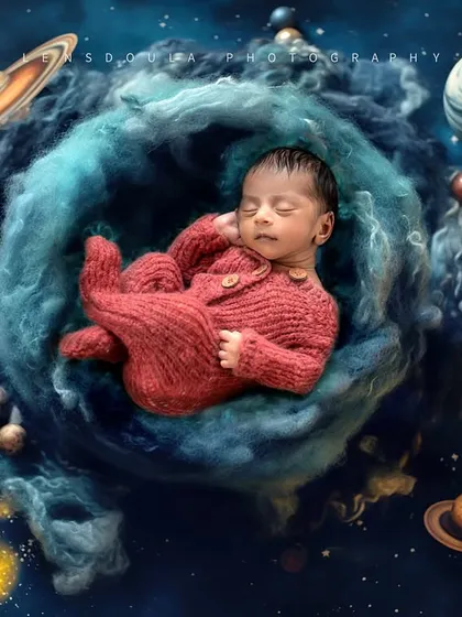 Dressed in a cozy knit outfit, this baby sleeps in a celestial swirl, part of our custom galaxy theme designed to tell a unique story.