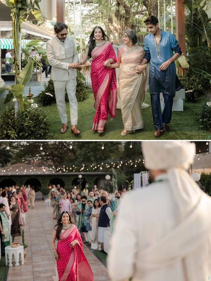 A collage showing the emotional bridal procession, with the bride walking with her family and the groom eagerly awaiting her arrival at the mandap.