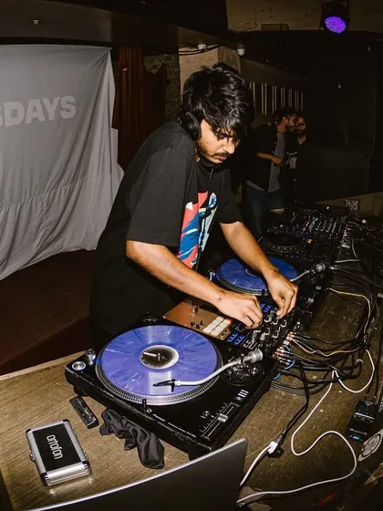 A wider shot of the DJ booth at Auro Kitchen & Bar for Boxout Wednesdays.