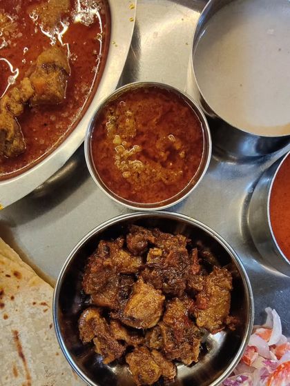 This is a memory from a place called Nupur in Kolhapur, which serves the most amazing home-style thali. It inspired my own Mutton Kolhapuri Thali, complete with mutton masala, mutton fry, Tambda and Pandra Rassa, and keema.