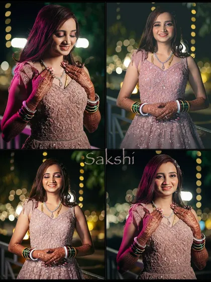 A collage of the bride's solo portraits from her reception night. The beautiful bokeh of the background lights adds a magical feel to her happy and serene expressions.