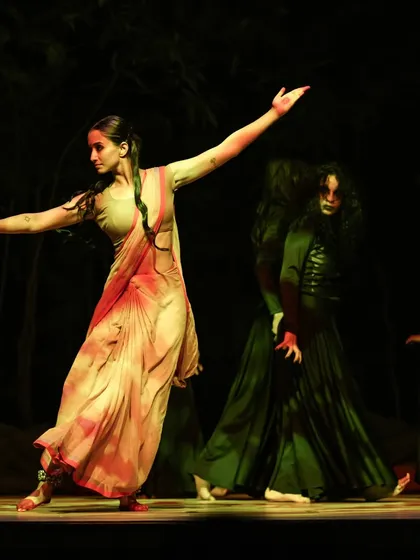 A moment of expressive movement during the 'Sitayana' stage show. My performances blend classical Indian dance techniques with contemporary storytelling to explore powerful themes.